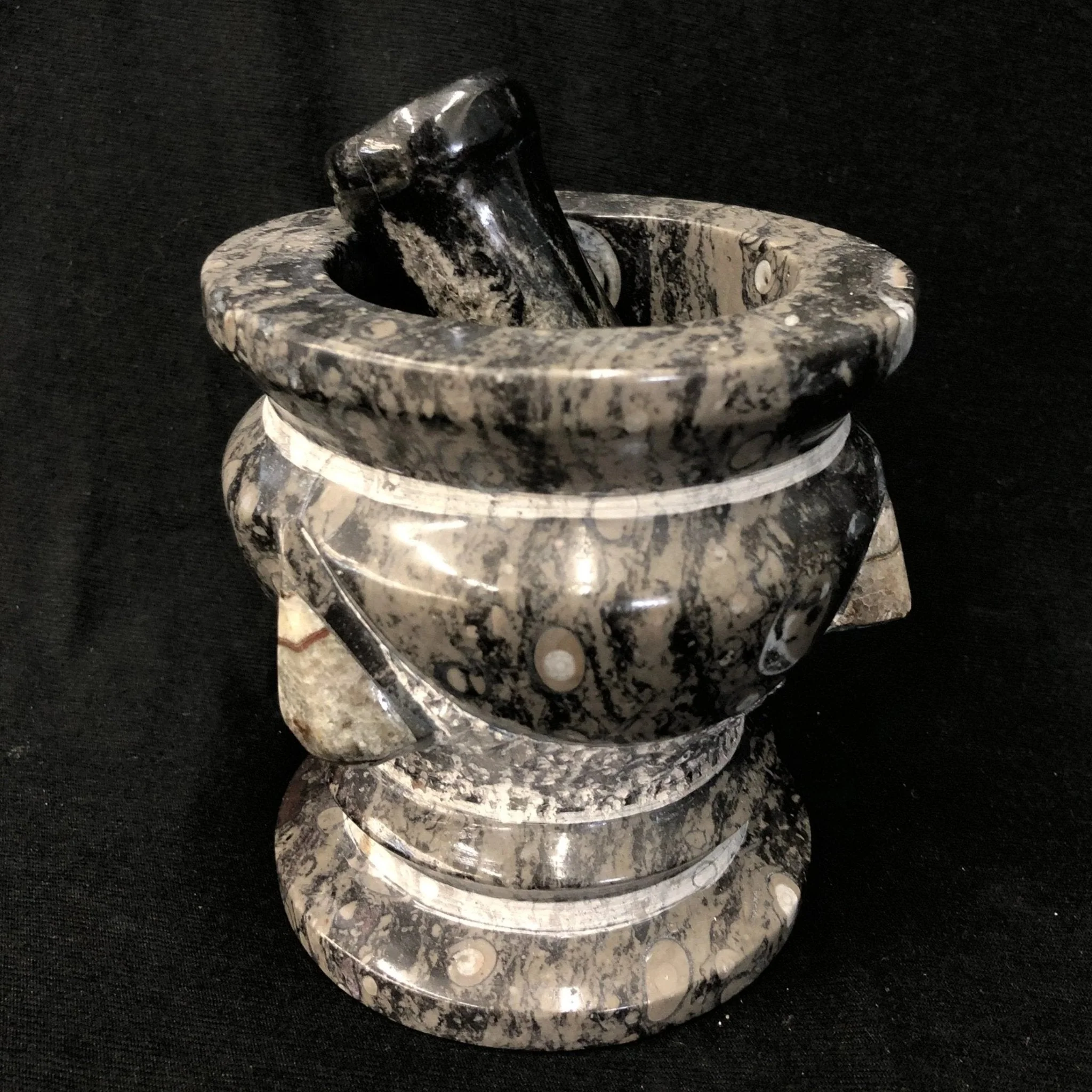 Natural Fossil Mortar And Pestle Gray, Brown, Black Stone - Image 3